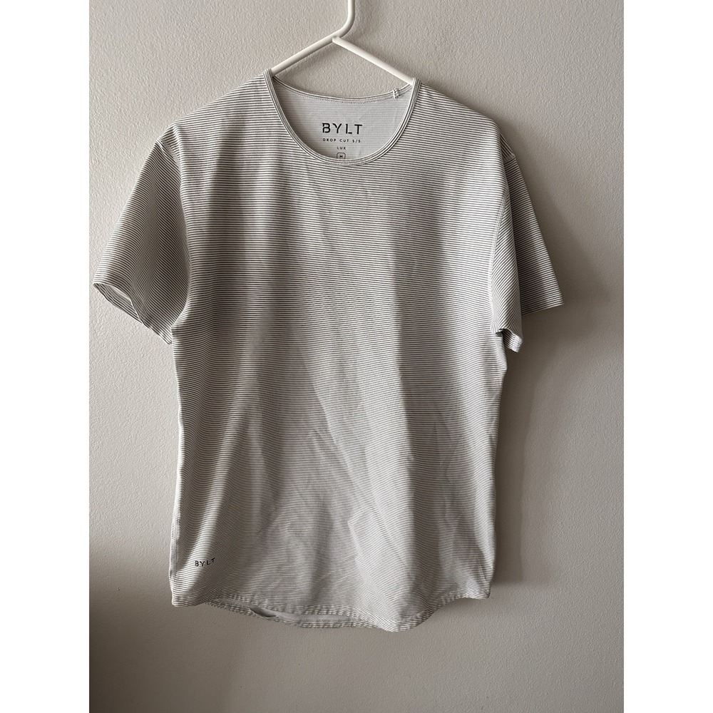 BYLT T-Shirt Drop Cut Lux Blend Mens Medium White Gray Stripe Short Sleeve
